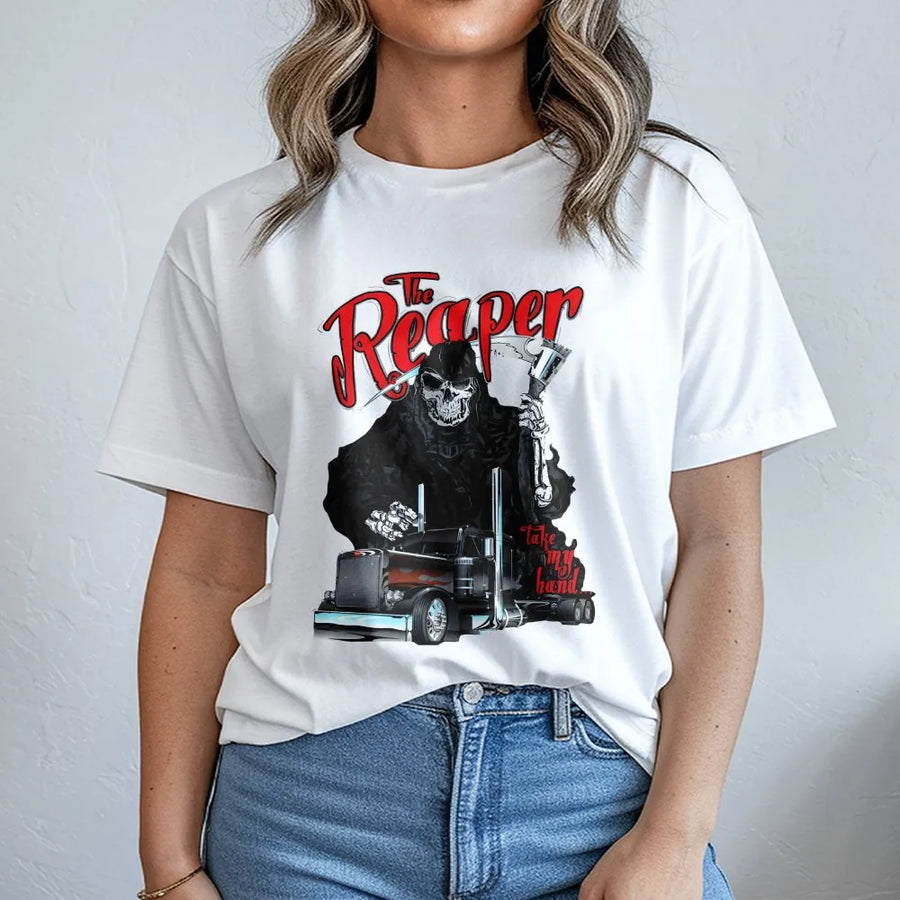 Grim Reaper Trucker T-Shirt | Semi Truck Skull Graphic Design | Premium Cotton Road Life Tee | Gift for Long Haul Driver Dad