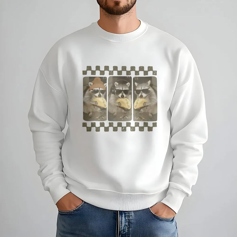 Funny Raccoon Sweatshirt | Taco Eating Trash Panda Retro Checkerboard Graphic | Soft Cotton Blend | Unisex Collector's Gift for Animal Lovers