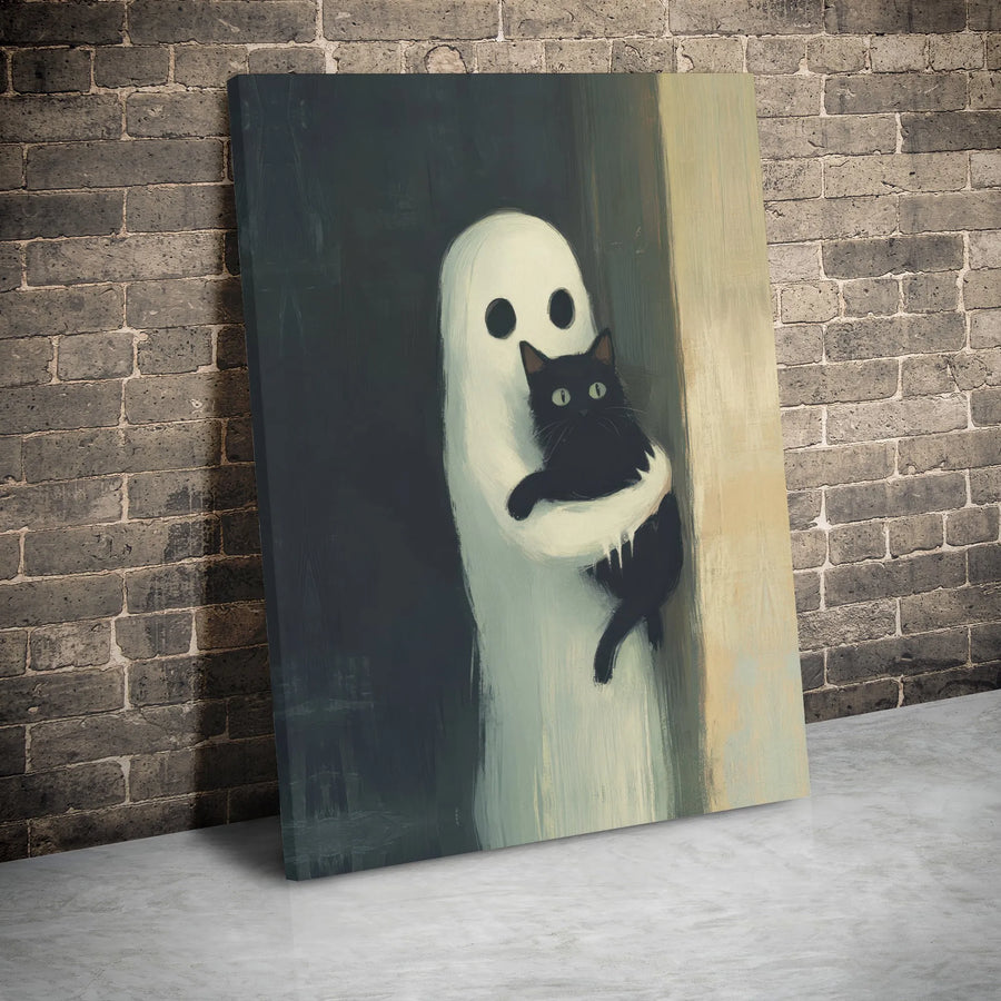 Ghost Holding Black Cat Canvas Art | Whimsical Spooky Home Decor | Premium Gallery Wrapped Print | Cute Halloween Wall Art Gift