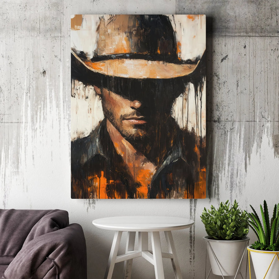Western Cowboy Canvas Wall Art | Abstract Oil Painting Style | Premium Gallery Wrap Canvas | Rustic Home Office Decor Gift