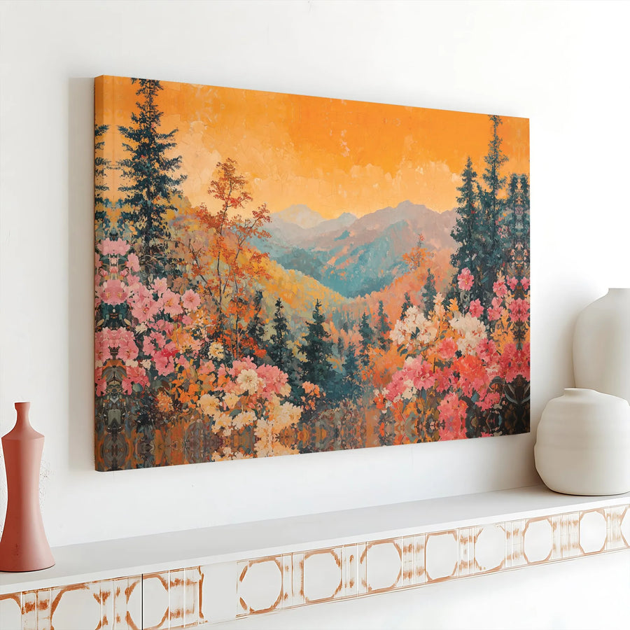 Mountain Valley Landscape Canvas Print | Vibrant Floral Forest Art | Premium Gallery Wrapped Decor | Nature Lover Living Room Wall Art
