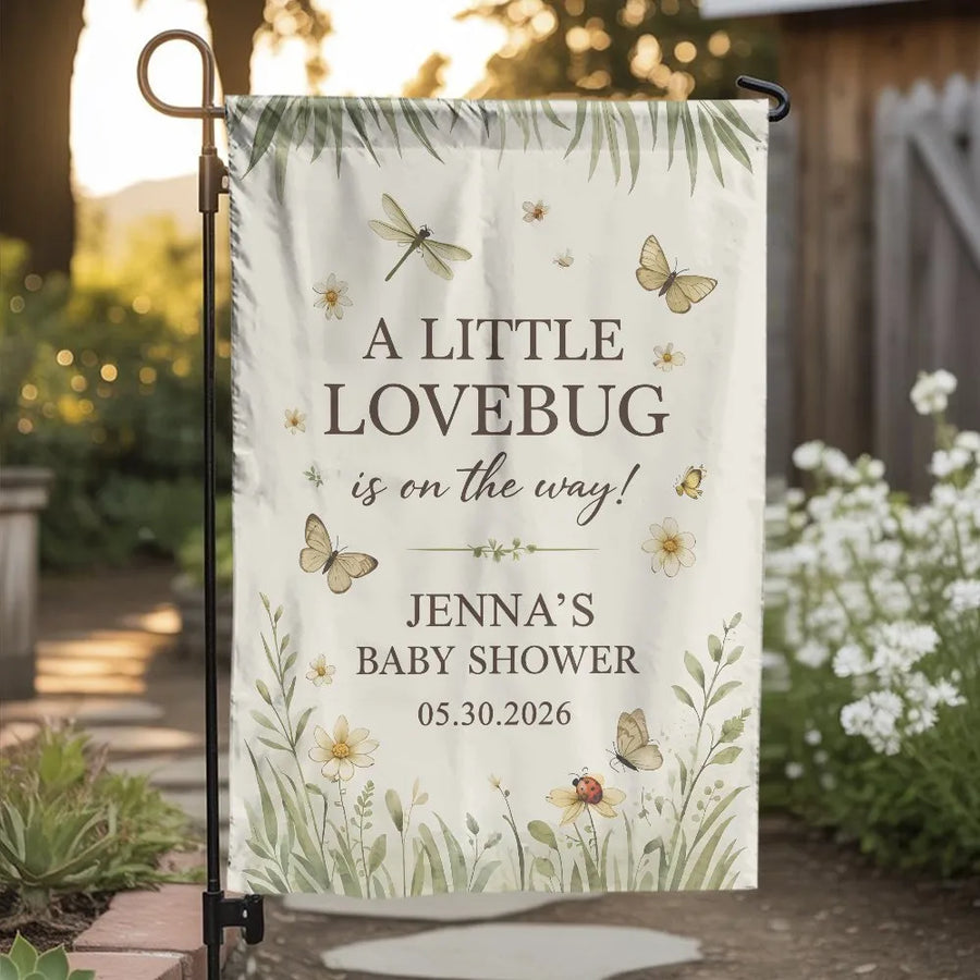 Lovebug Baby Shower Garden Flag | Watercolor Botanical Welcome Sign | Premium Double Sided Polyester | Outdoor Party Decoration Gift for Parents to Be