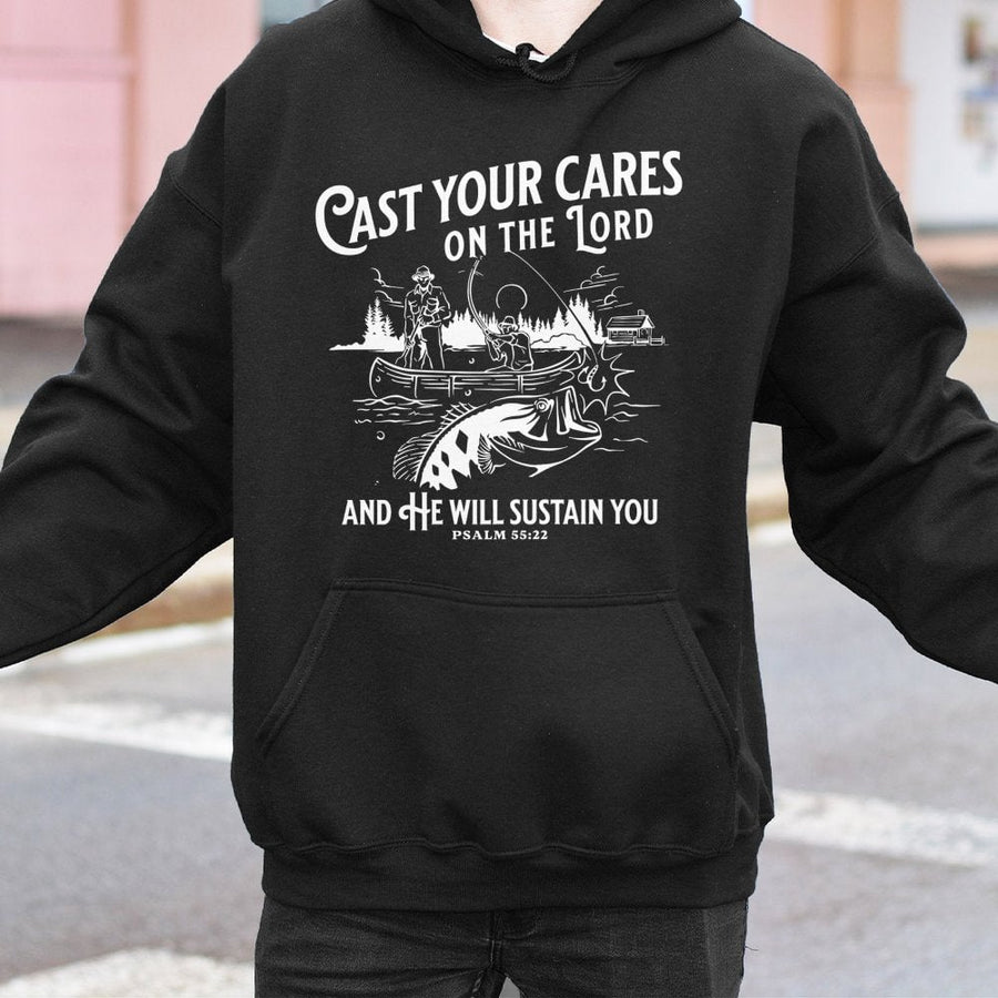 Cast Your Cares Hoodie | Psalm 55:22 Fishing Graphic | Cotton-Blend Comfort | Christian Gift for Fisherman & Believers