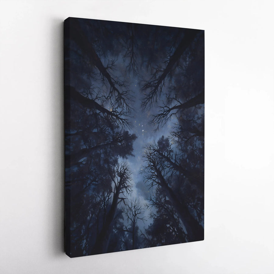 Starry Night Forest Canvas Wall Art | Midnight Sky Through Treetops | Premium Gallery Wrap Print | Modern Nature Home Decor Gift