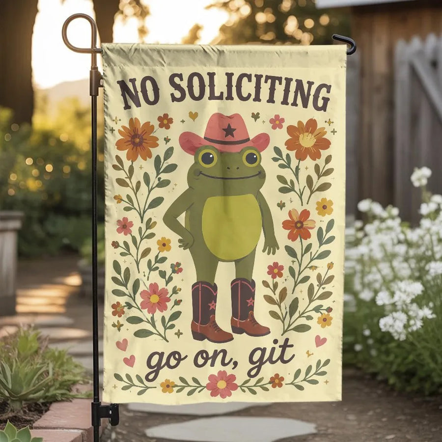 Funny No Soliciting Garden Flag | Whimsical Cowboy Frog Go On Git Design with Retro Florals | Double Sided Premium Polyester | Hilarious Housewarming Gift for Outdoor Yard Patio Decor