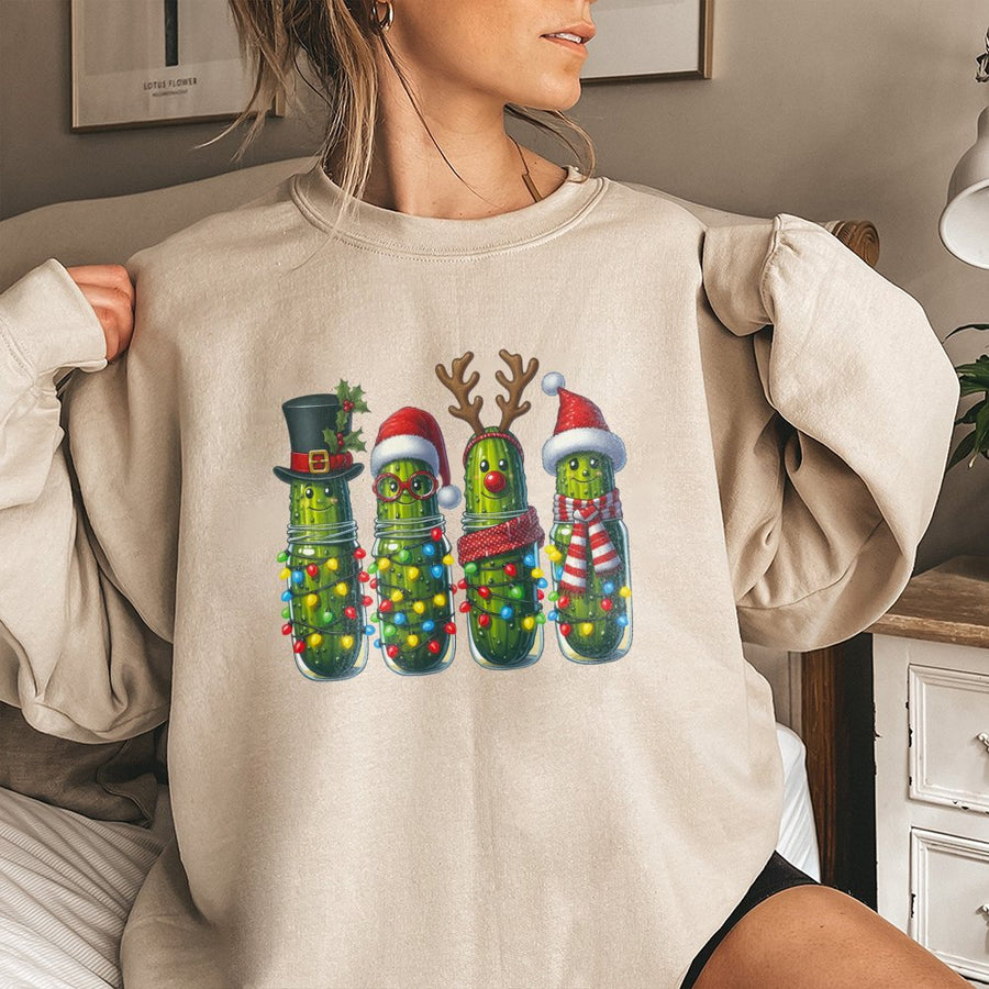 Christmas Pickle Sweatshirt | Funny Holiday Pickle Jar with Lights Design | Premium Cotton-Blend | Festive Gift for Pickle Lovers