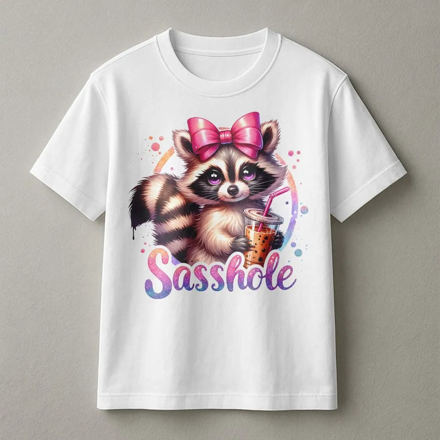 Sasshole Raccoon T-Shirt | Funny Cute Animal with Boba Tea Graphic | Soft Breathable Cotton | Unisex Novelty Gift for Him and Her