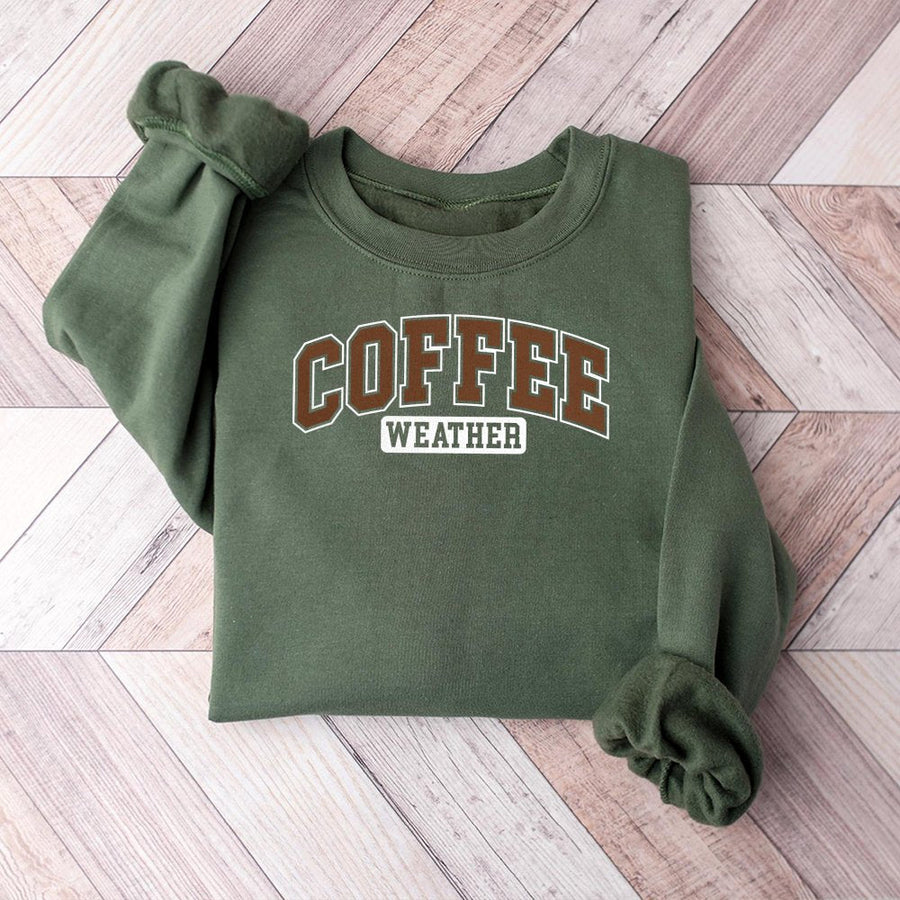 Coffee Weather Sweatshirt | Collegiate Varsity Font Graphic | Cotton Blend Premium Crewneck | Cozy Gift for Coffee Lovers & Caffeine Addicts