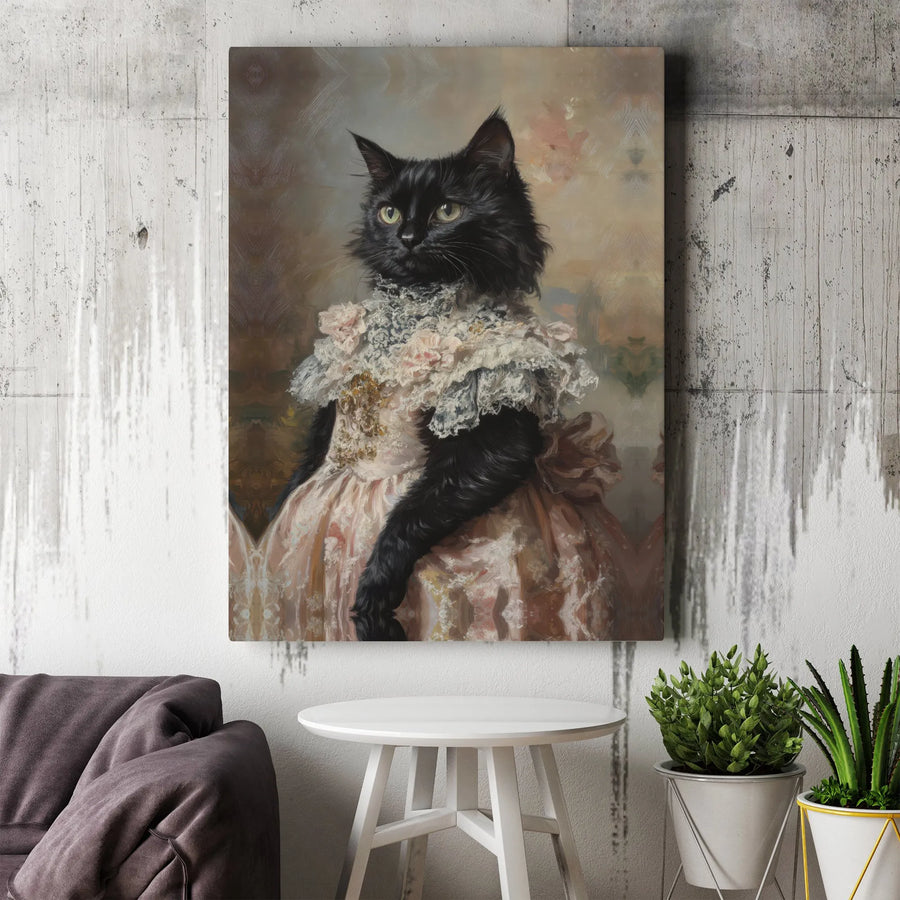 Regal Black Cat Wall Art | Victorian Dress Portrait Oil Painting Style | Premium Gallery Canvas | Unique Pet Lover Gift & Home Decor