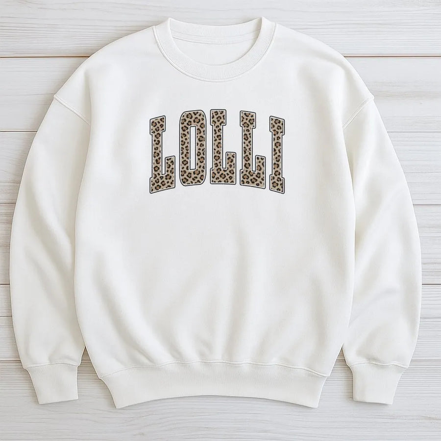 Lolli Sweatshirt | Leopard Print Varsity Letters | Premium Cotton-Blend Pullover Hoodie | Gift for New Grandma, Mother's Day