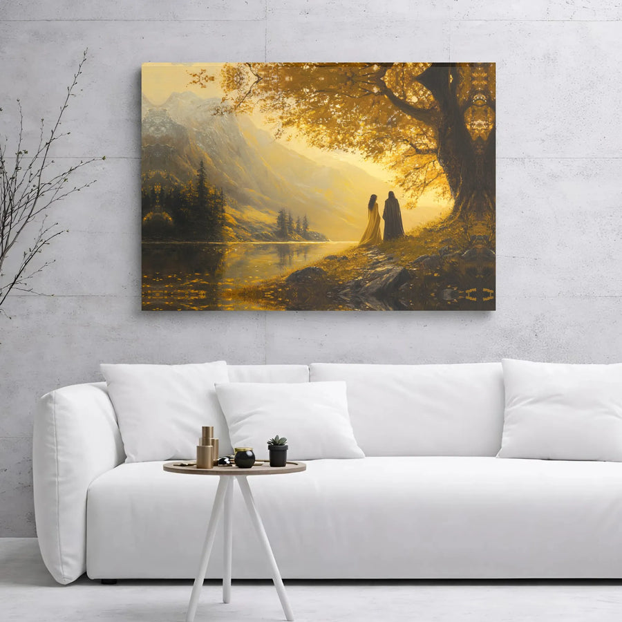 Fantasy Landscape Canvas Wall Art | Golden Forest Lake Couple Print | Premium Gallery Wrap Decor | Romantic Home Office Artwork Gift