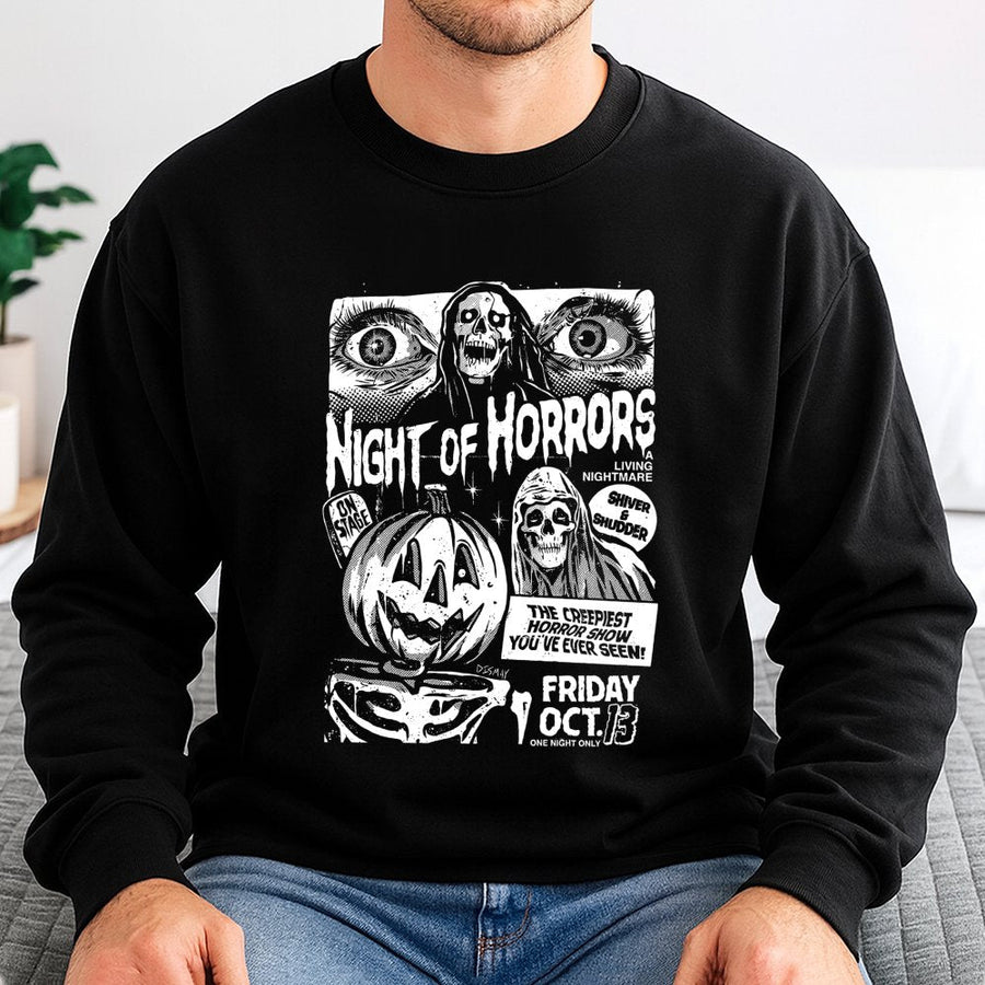Night of Horrors Sweatshirt | Vintage Halloween Horror Movie Poster Design | Premium Cotton Blend | Retro Spooky Aesthetic Gift for Horror Fans