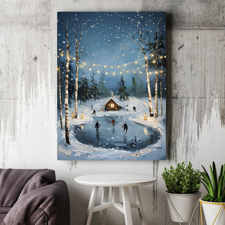 Winter Ice Skating Canvas Wall Art | Snowy Forest Cabin With String Lights | Premium 1.25" Gallery Wrapped Print | Holiday Home Decor Gift