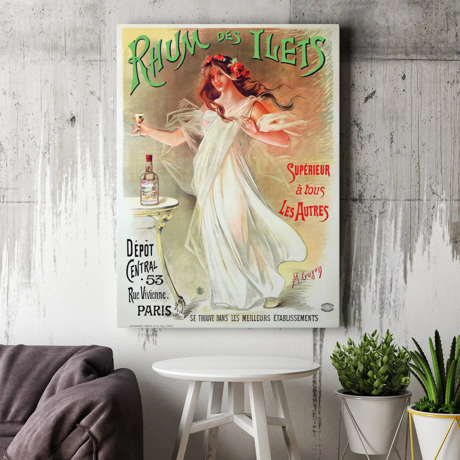 Vintage French Rum Poster Canvas | Rhum Des Ilets Art Print | Premium Gallery Wrapped Wall Decor | Bar Decor For Home Or Kitchen Gift