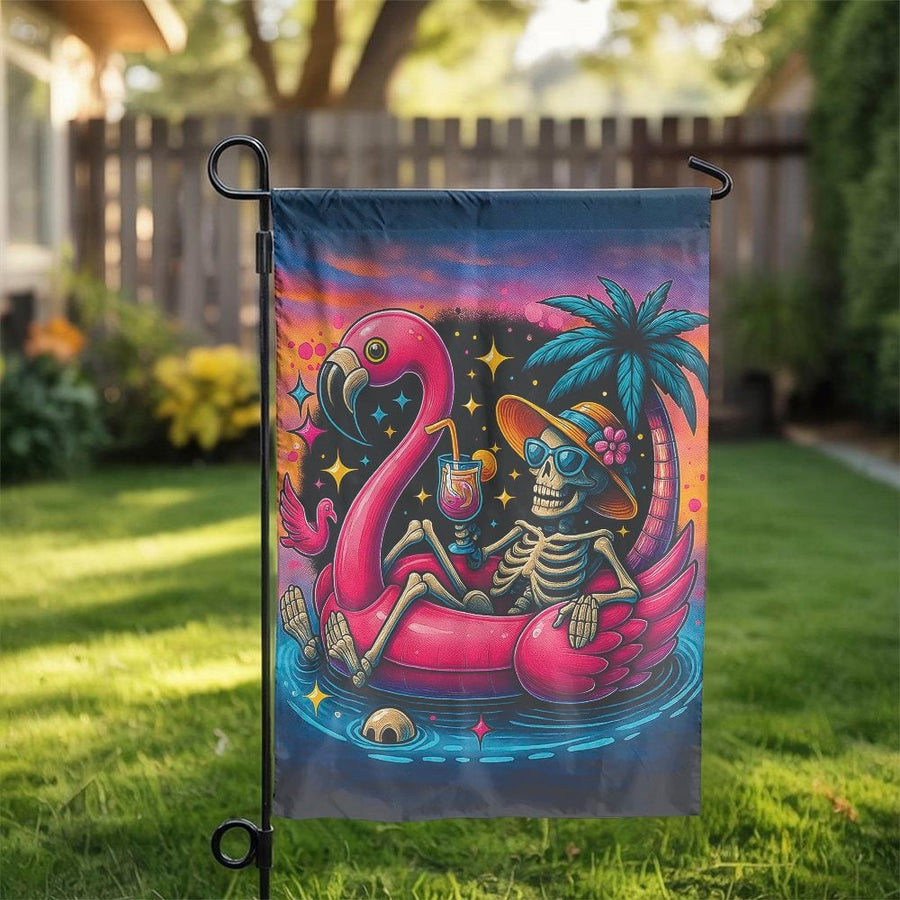 Skeleton Garden Flag | Tropical Flamingo Summer Pool Party Decor | Weather-Resistant Polyester | Retro Beach Yard Art Gift