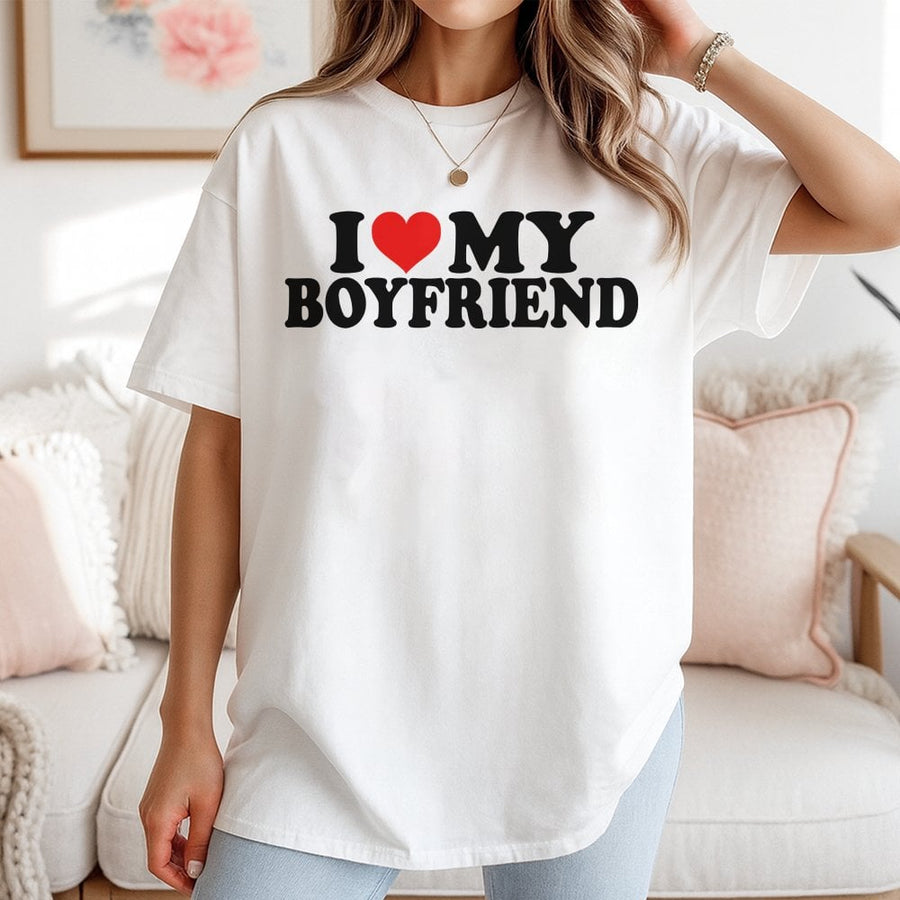 I Love My Boyfriend T-Shirt | Retro Graphic Heart Tee | 100% Soft Cotton Premium Apparel | Cute Valentines Day Gift for Girlfriend