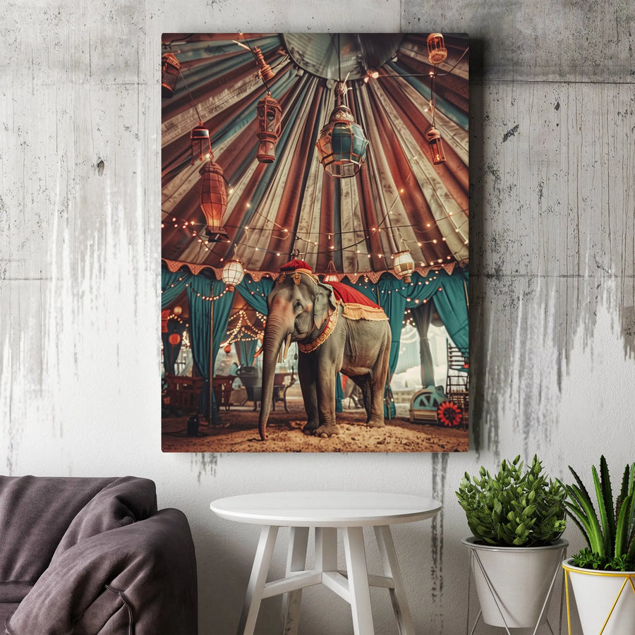 Vintage Circus Elephant Canvas Wall Art | Whimsical Big Top Tent Lantern Decor | 1.25-Inch Premium Gallery Wrap | Unique Gift for Animal Lovers