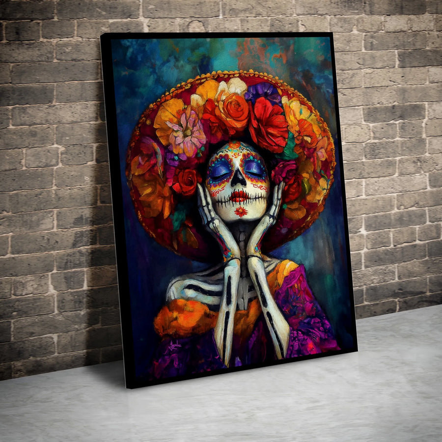 Day Of The Dead Canvas Wall Art | La Catrina Sugar Skull With Floral Sombrero | Premium Gallery-Wrapped Print | Mexican Folk Art Gift For Home Decor