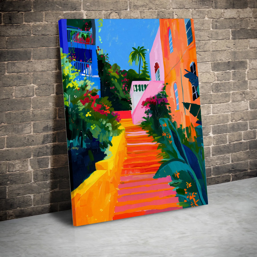Tropical Street Canvas Print | Vibrant Mediterranean Staircase Art | Gallery Quality Fade-Resistant | Bohemian Home Decor Gift