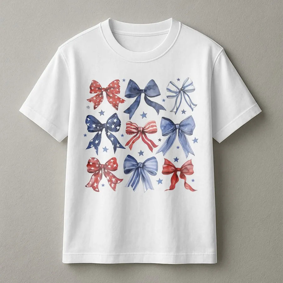Patriotic Bows T-Shirt | Watercolor American Flag Bows Print | Cozy Cotton Blend Pullover | 4th of July Gift for Women