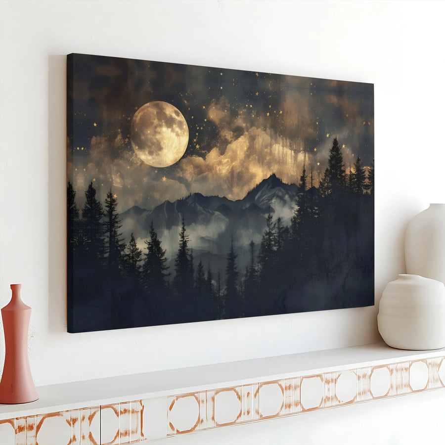 Mountain Forest Canvas Print | Full Moon Night Sky Wall Art | Gallery Wrapped Premium Canvas | Serene Landscape Decor for Living Room