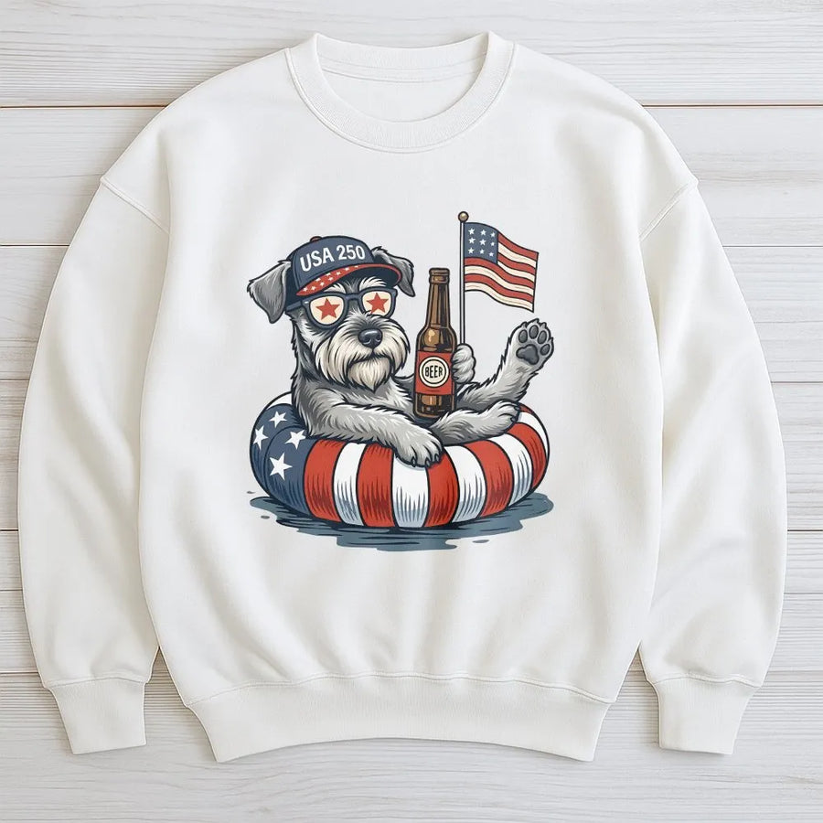 USA 250 Schnauzer Sweatshirt | Funny Patriotic Dog with Flag & Beer | Soft Cotton Blend Crewneck | Independence Day Gift for Dog Lover