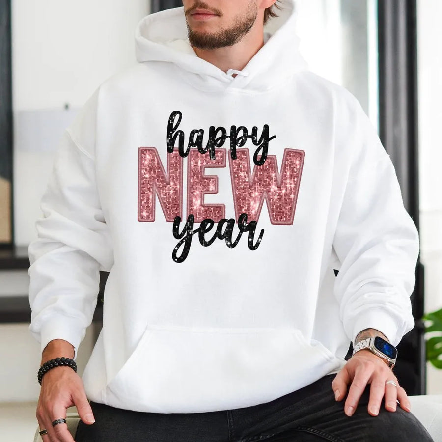 Happy New Year Hoodie | Rose Gold Faux Glitter Graphic | Premium Cotton Blend | Festive Holiday Party Apparel Gift