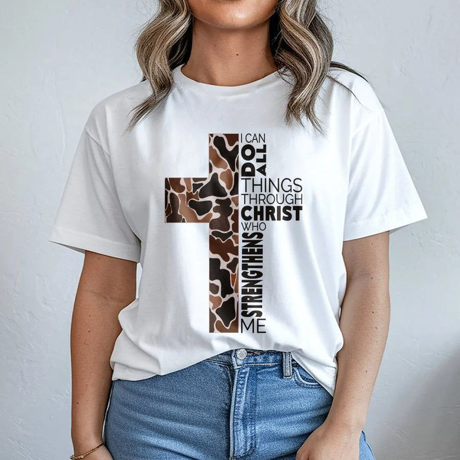 Philippians 4:13 T-Shirt | Camo Cross Graphic Sweatshirt | Premium Cotton-Poly Blend | Religious Faith Gift for Men and Women