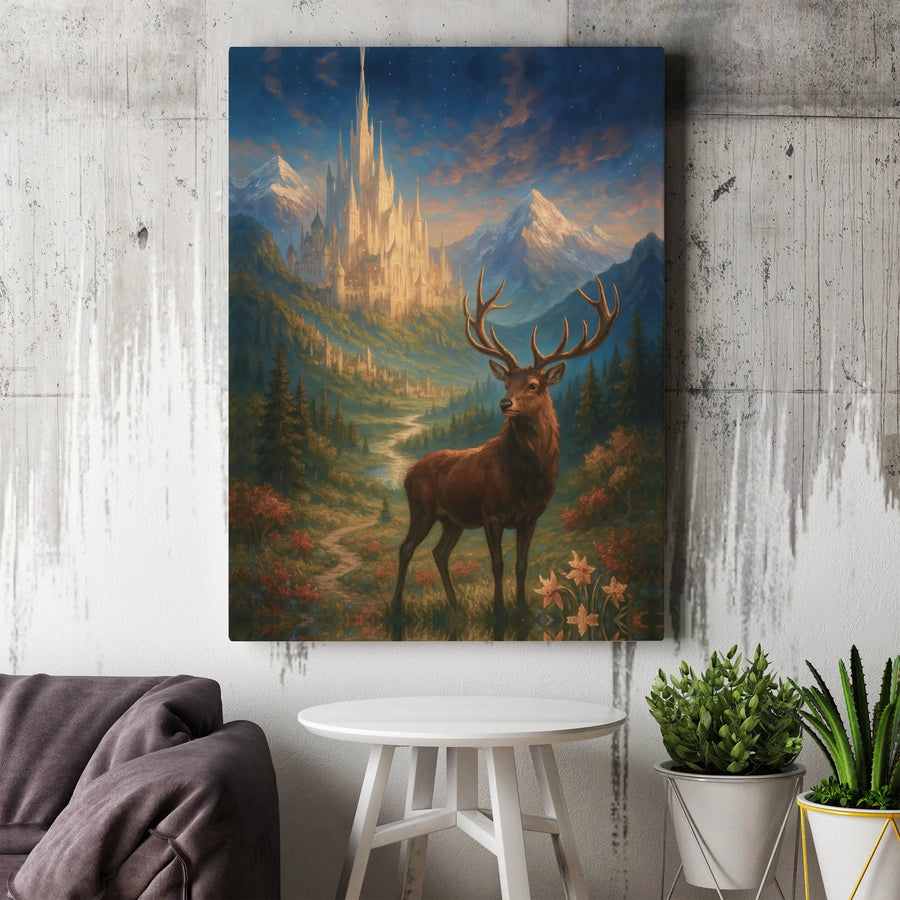 Fantasy Stag Canvas Wall Art | Enchanted Castle Mountain Landscape | Premium Gallery Wrap Decor | Mythical Forest Decor Gift for Nature Lovers