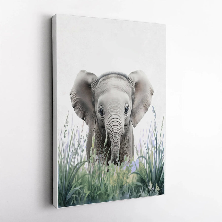 Baby Elephant Canvas Wall Art | Cute Watercolor Safari Animal Painting | Premium Gallery Wrapped Print | Nursery Decor for Boy or Girl
