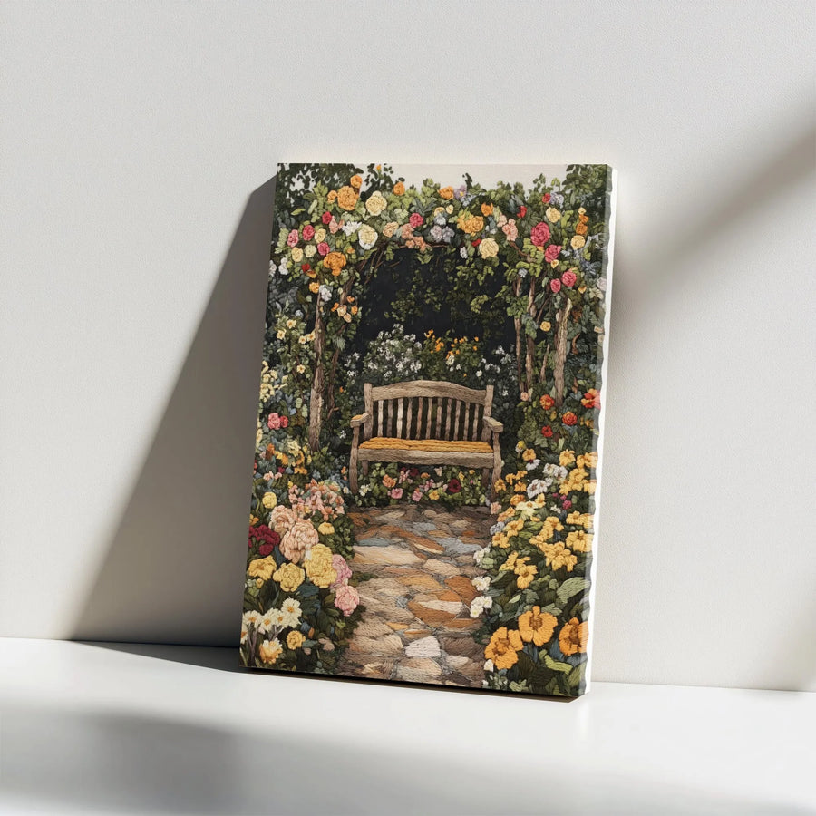 Garden Bench Canvas Wall Art | Textured Floral Archway Landscape | Premium Gallery Wrap Print | Botanical Cottagecore Home Decor Gift