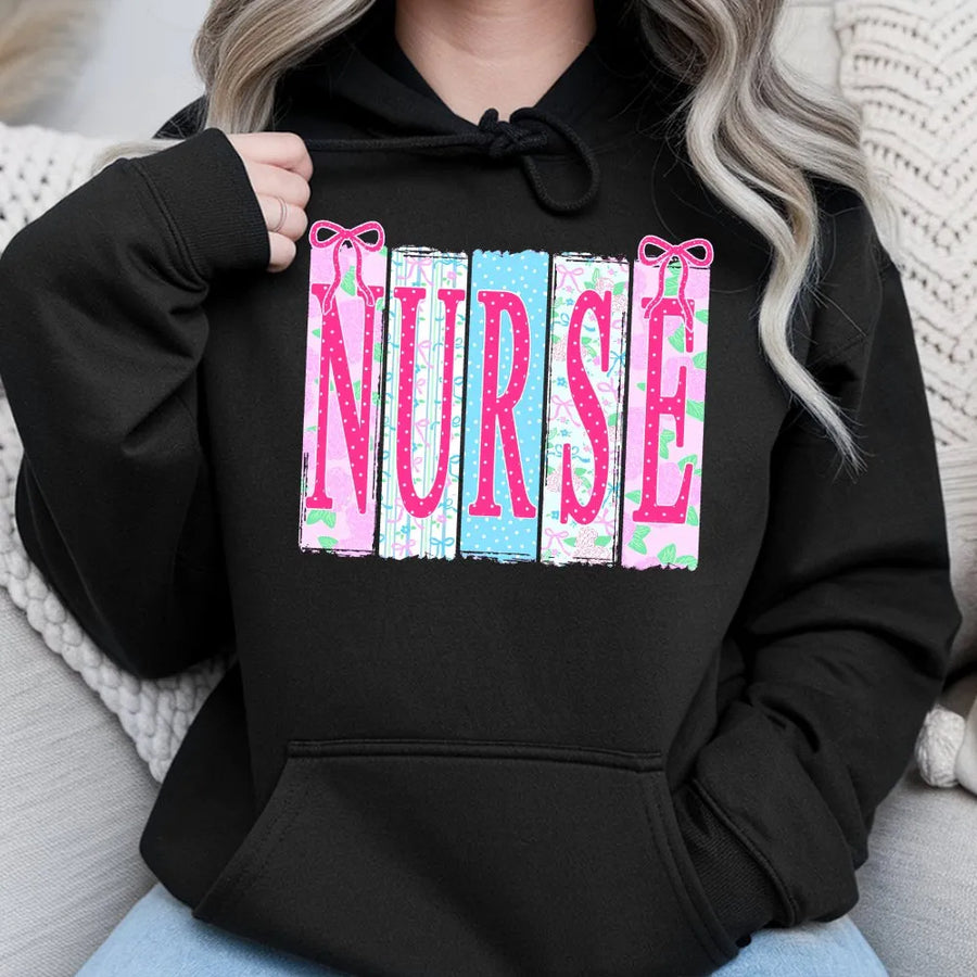 Coquette Nurse Hoodie | Ditsy Floral & Bow Pattern Pullover | Soft Cotton Blend | Premium Gift for RN, NICU Nurse, Nursing Student