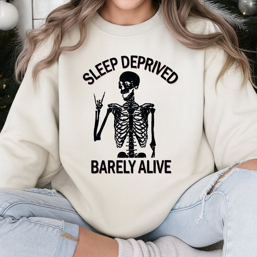 Sleep Deprived Barely Alive Sweatshirt | Funny Skeleton Graphic Pullover | Soft Cotton Blend Unisex Crewneck | Sarcastic Coffee Lover Gift