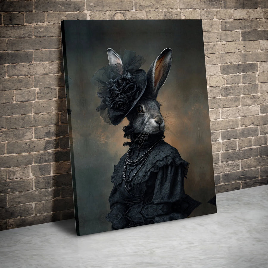 Victorian Rabbit Wall Art | Gothic Animal Portrait with Black Roses | Premium Gallery Wrapped Canvas | Moody Dark Academia Home Decor Gift