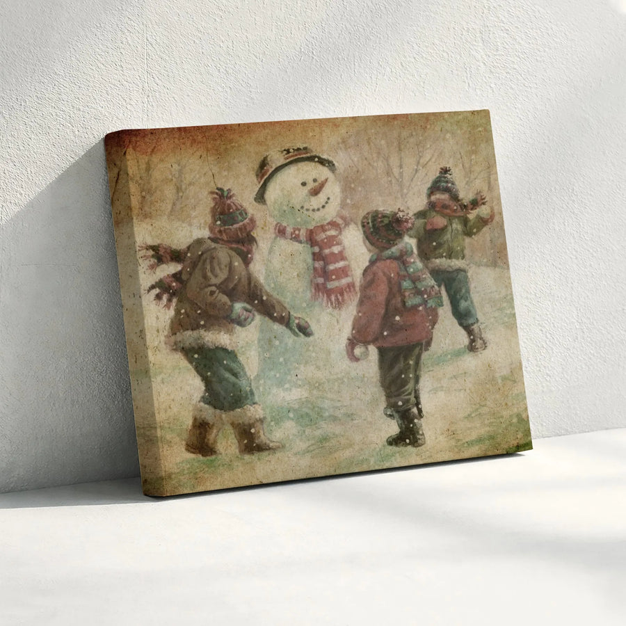 Vintage Winter Snowman Canvas Print | Nostalgic Children Snowball Fight | Gallery-Quality Fade-Resistant Wall Art | Christmas Holiday Home Decor Gift