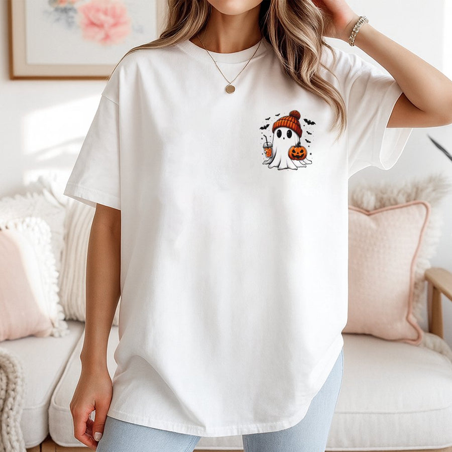 Cute Ghost T-Shirt | Iced Coffee Pumpkin Halloween Graphic | Premium 100% Cotton Tee | Spooky Season Gift For Women and Men