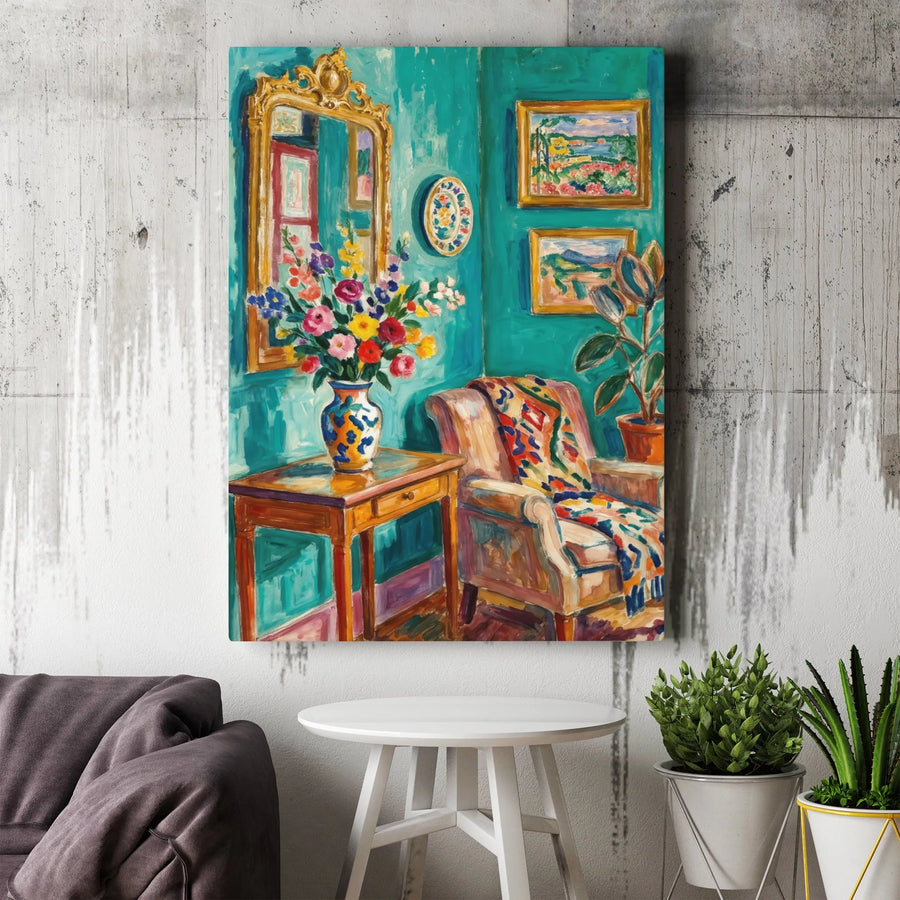 Fauvist Interior Canvas Print | Colorful Still Life with Flower Vase | Premium Gallery Quality Wall Art | Eclectic Home Decor Gift