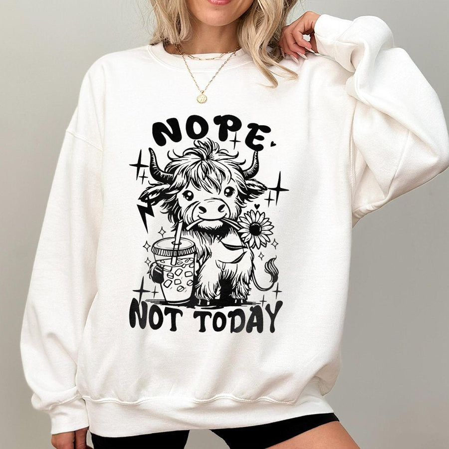 Nope Not Today Highland Cow Sweatshirt | Funny Coffee Lover Graphic Pullover | Premium Cotton Blend Cozy Crewneck | Cute Farm Animal Gift for Her