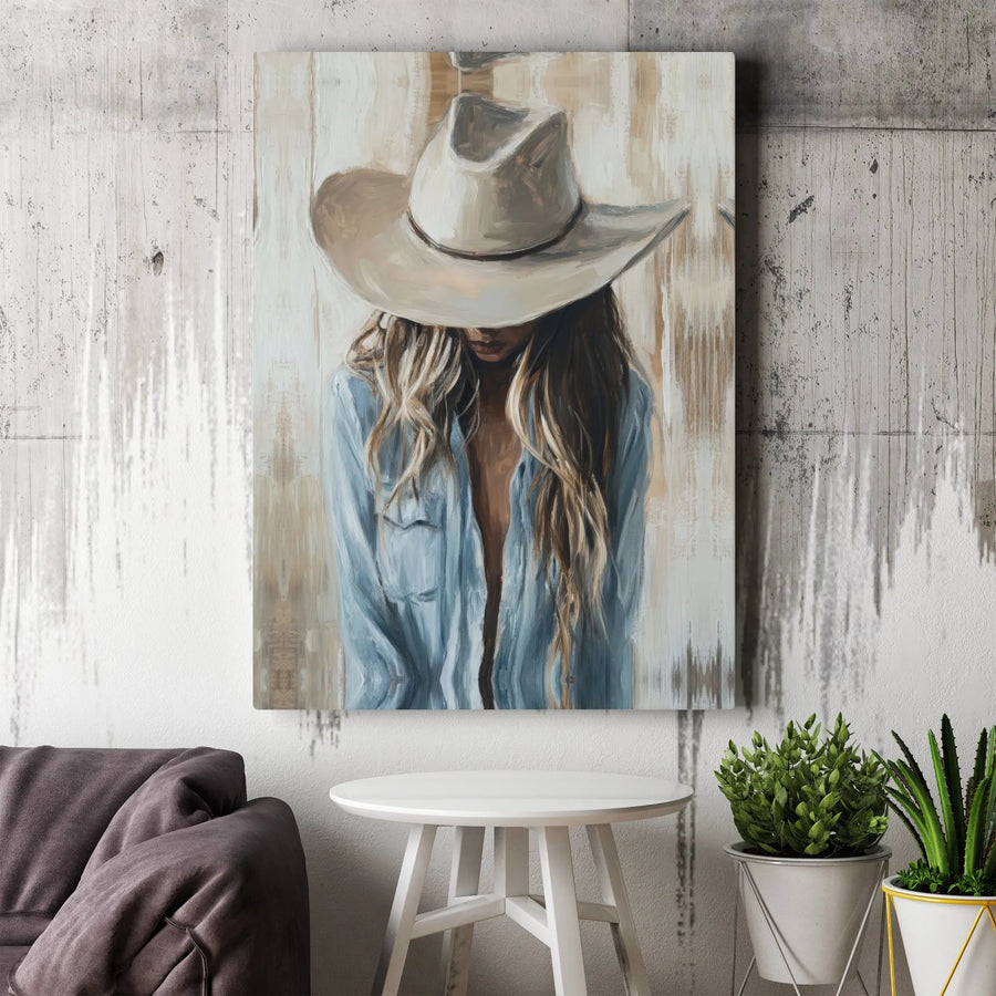 Western Cowgirl Canvas Wall Art | Abstract Portrait in Denim Hat | Premium Gallery Wrap Print | Southwestern Home Decor Gift