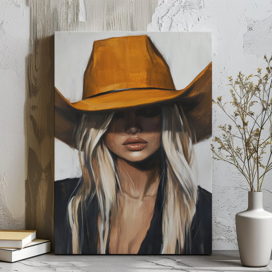 Western Cowgirl Wall Art | Blonde Woman in Orange Cowboy Hat Oil Painting Style | Premium Gallery Wrap Canvas | Modern Farmhouse Home Decor