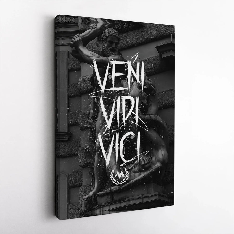 Veni Vidi Vici Canvas Wall Art | Motivational Latin Quote Print | Premium Hercules Statue Artwork | Stoic Gym Decor Gift for Men
