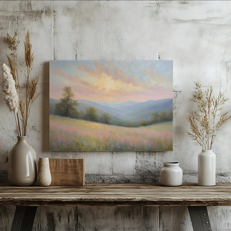 Mountain Landscape Wall Art | Pastel Sunset Over Wildflower Field | Premium Canvas Print | Living Room Decor Gift