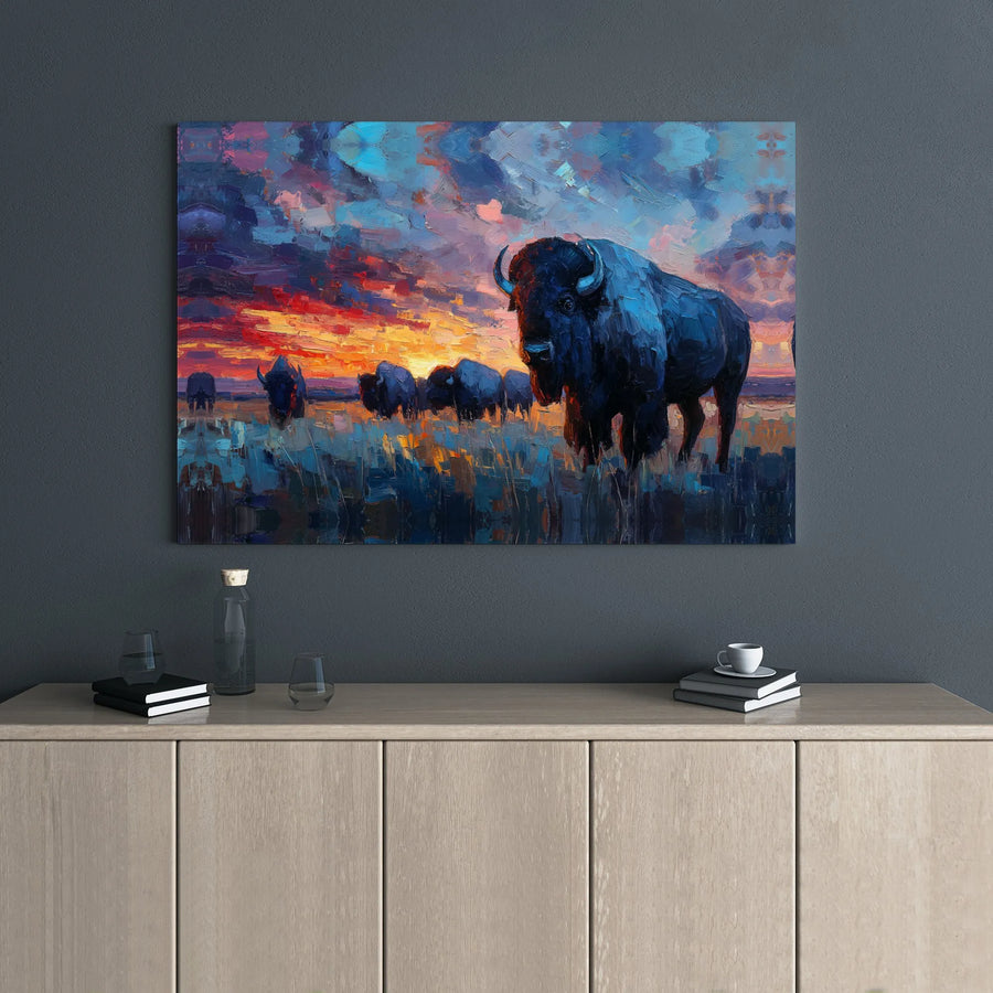American Bison Canvas Wall Art | Impressionist Sunset Buffalo Herd Painting | 1.25-Inch Gallery Wrap Print | Western Home Decor Gift