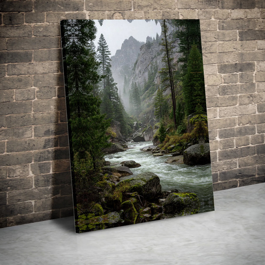 Mountain River Canvas Wall Art | Misty Pine Forest Landscape Print | Premium Gallery Wrapped Canvas | Rustic Cabin Decor for Nature Lovers