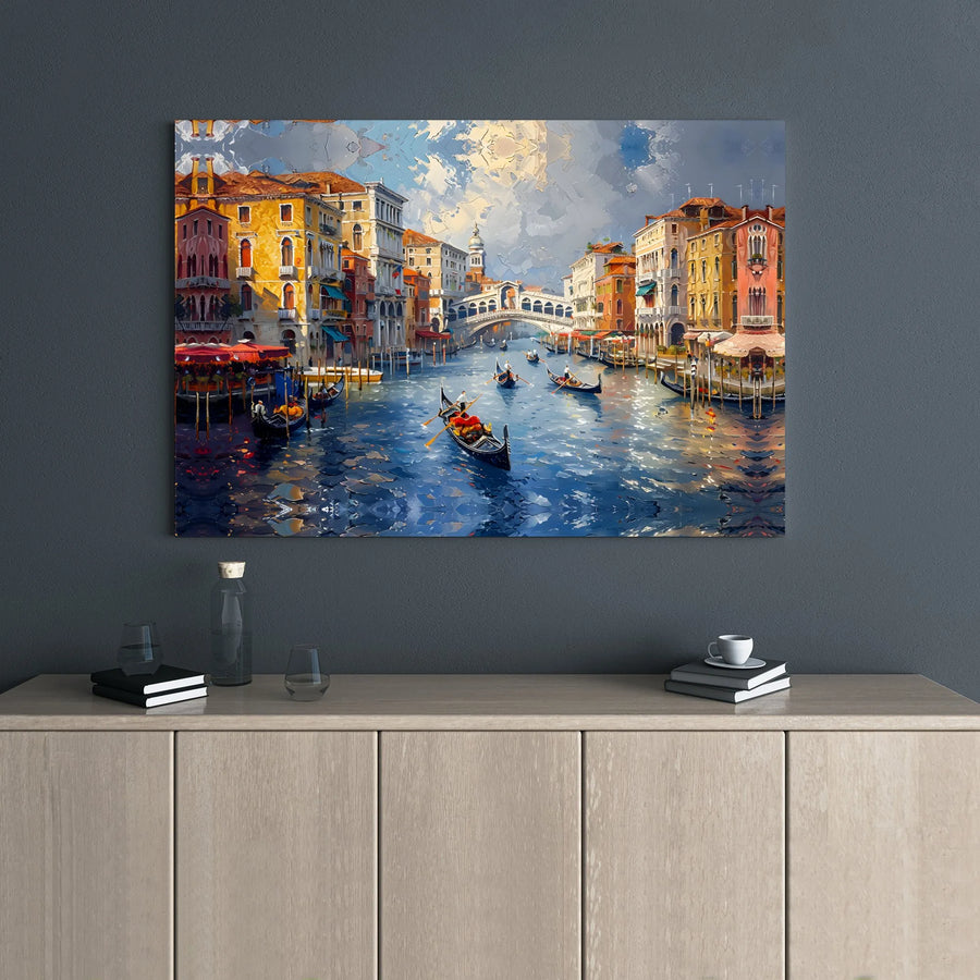 Venice Grand Canal Canvas Wall Art | Impressionist Rialto Bridge Gondola Painting | Gallery Wrap Wooden Frame | Italian Home Decor Gift