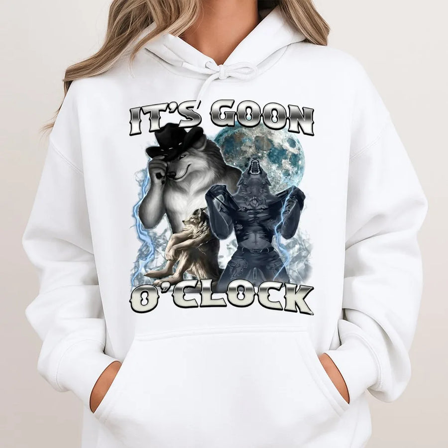 It's Goon O'Clock Hoodie | Funny Alpha Wolf Meme Graphic | Premium Cotton Blend | Ironic Streetwear Gift For Men And Women