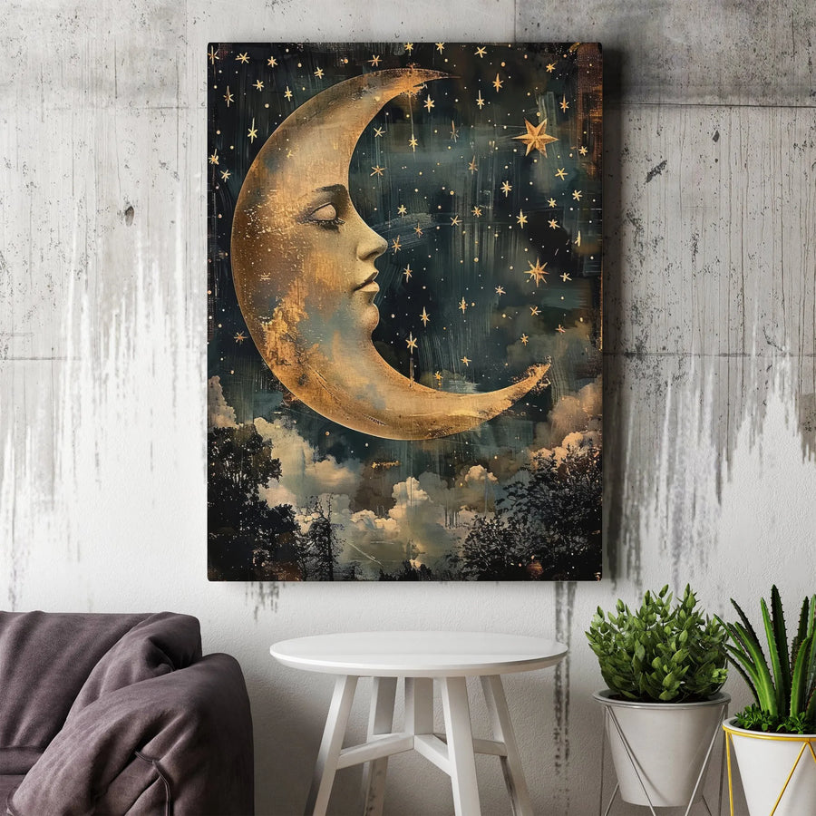 Crescent Moon Face Canvas Art | Vintage Celestial Starry Night Print | Premium Gallery Wrapped Wall Decor | Whimsical Bedroom Art Gift