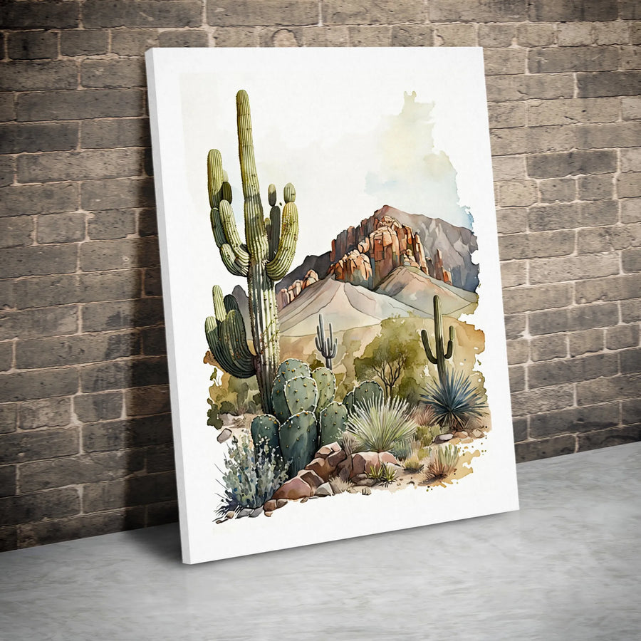 Arizona Desert Landscape Canvas | Watercolor Saguaro Cactus Wall Art | Premium Gallery-Wrapped Print | Southwest Home Decor Gift