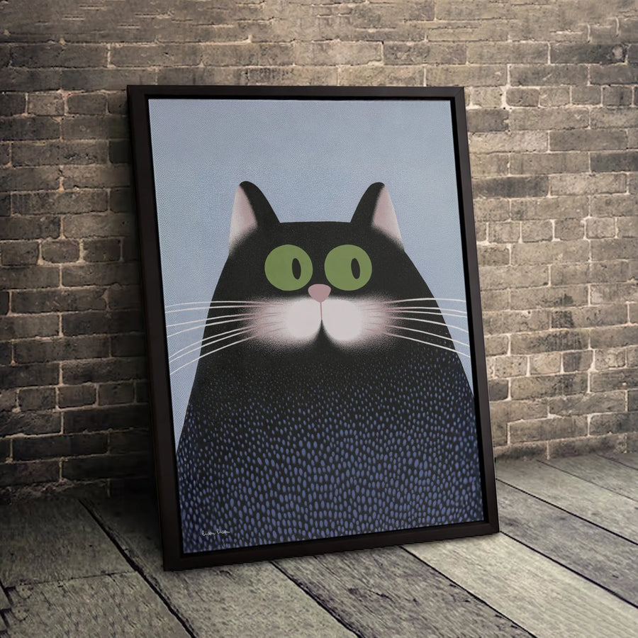 Black Cat Wall Art | Whimsical Modern Graphic Portrait with Green Eyes | Premium Gallery-Wrapped Canvas | Quirky Home Decor Gift for Cat Lovers