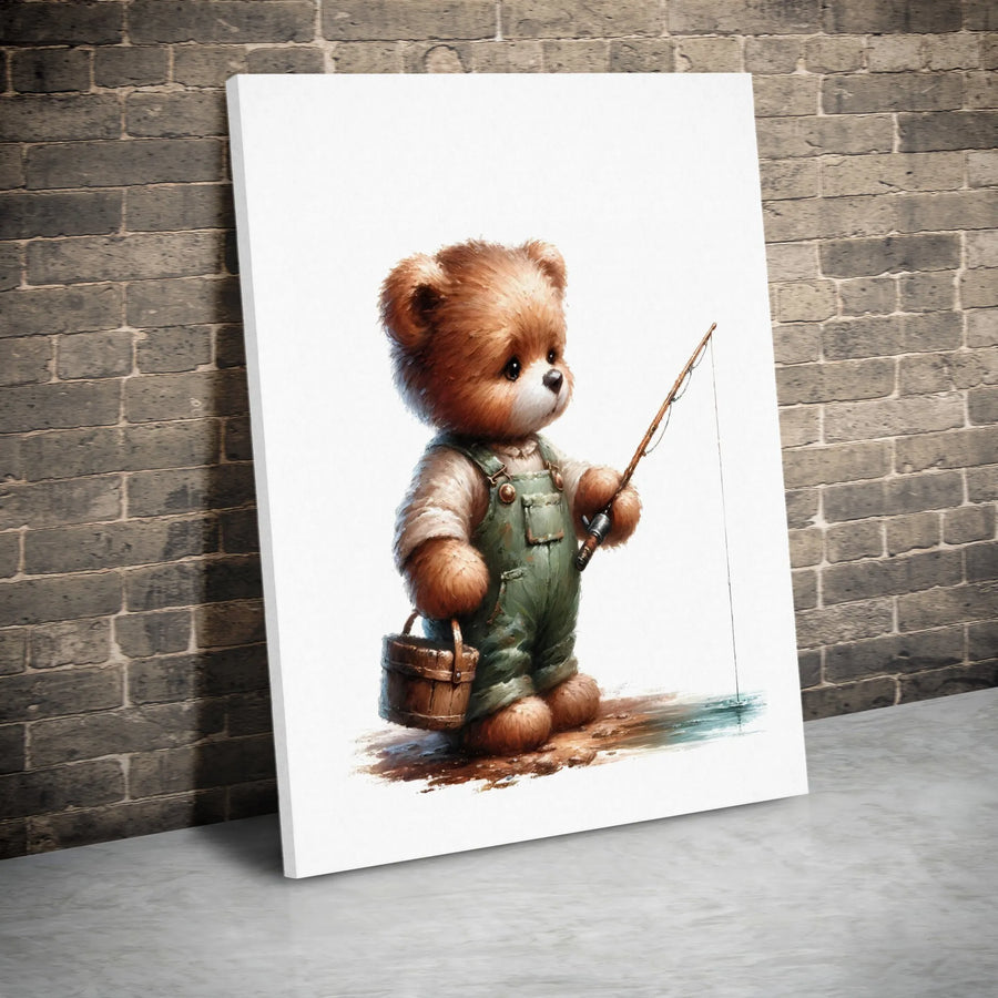 Cute Fishing Bear Canvas Art | Whimsical Wildlife Nursery Wall Decor | Premium 1.25" Gallery Wrap | Perfect Gift for Kids and Animal Lovers